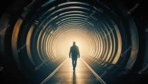Eenzame man loopt in donkere tunnel naar licht aan het eind
